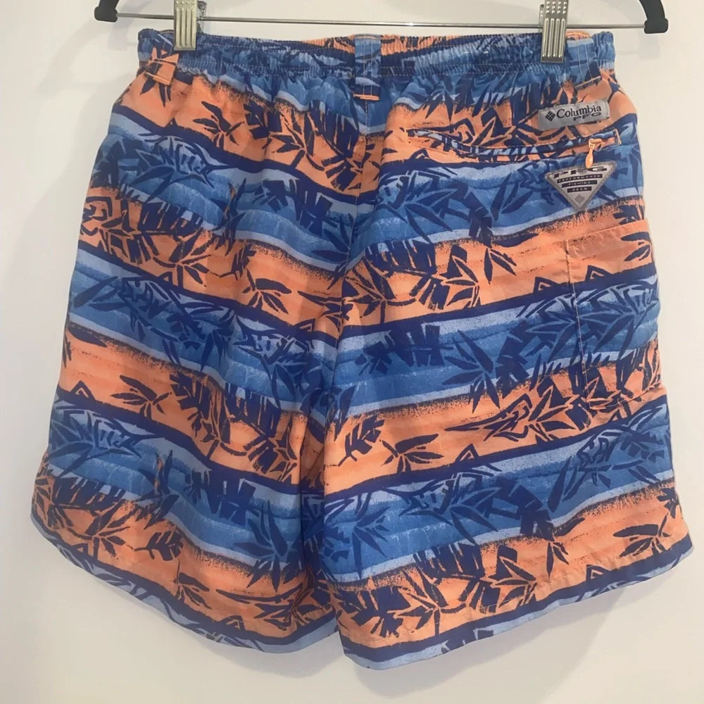 Columbia PFG Swim Trunks Omni-Shade Palm Print Blue Orange | Men’s Small